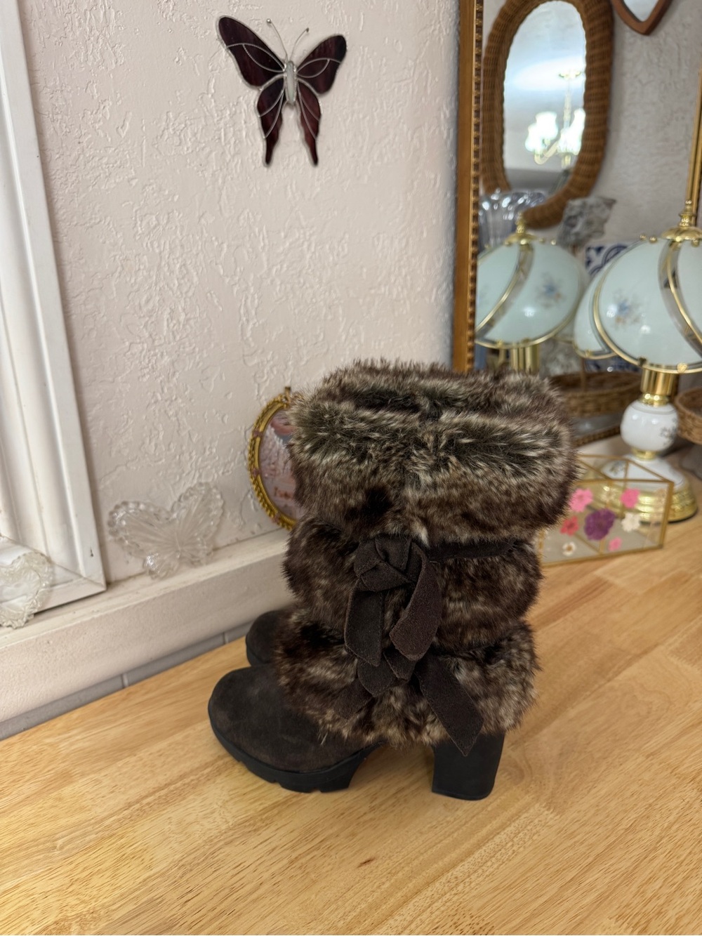 2000’s BEARPAW Brown Faux Fur Suede Chunky Heel Boots Size 5 Whimsigoth Y2K - Picture 6 of 13